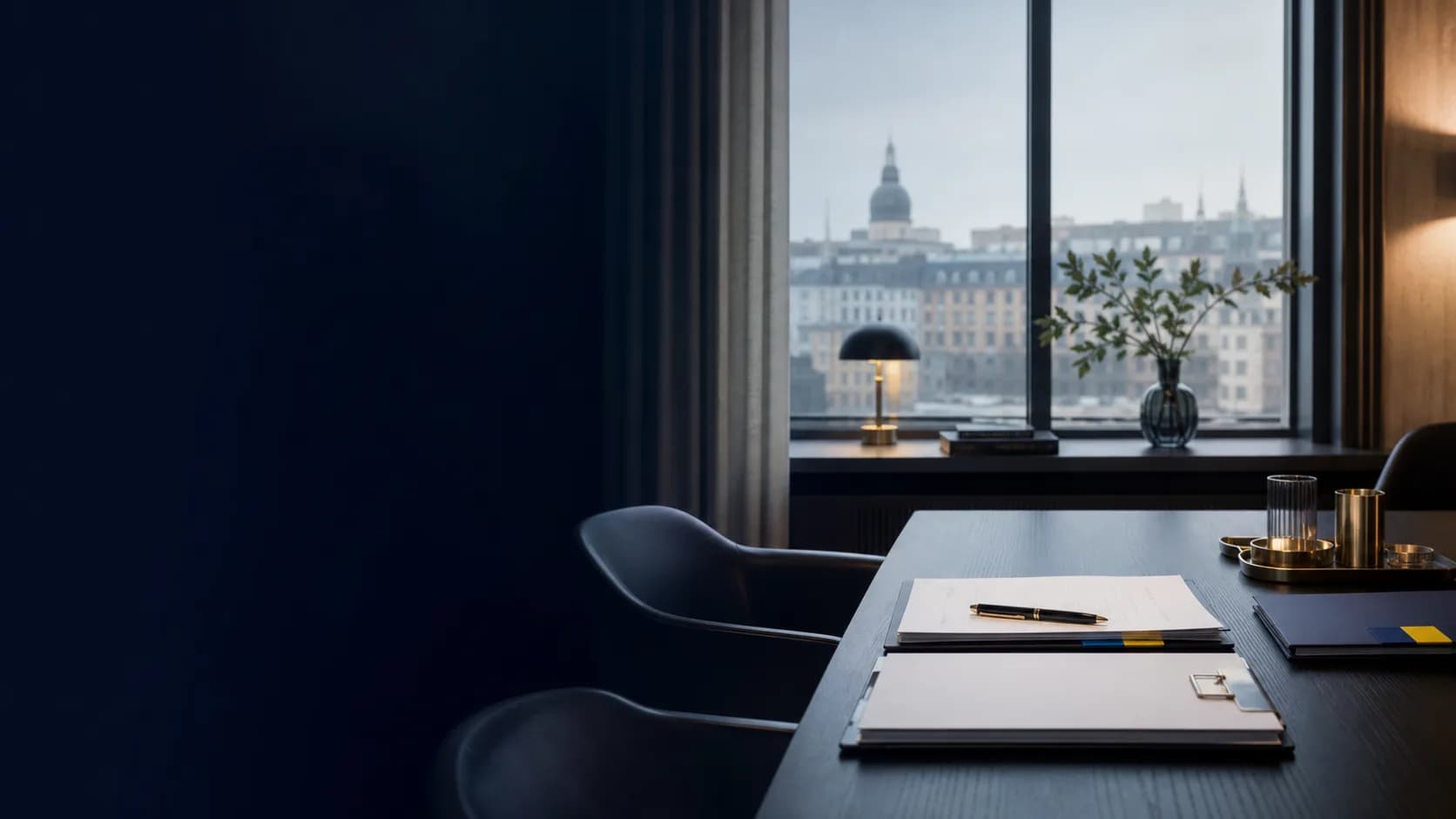 Modern Swedish legal office prepared for an English consultation